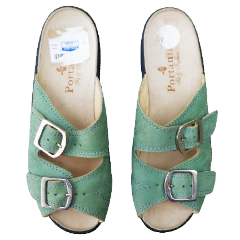 Portania Fit & Fashion Comfort Sandals Green Silver Buckles Leather Upper Slides